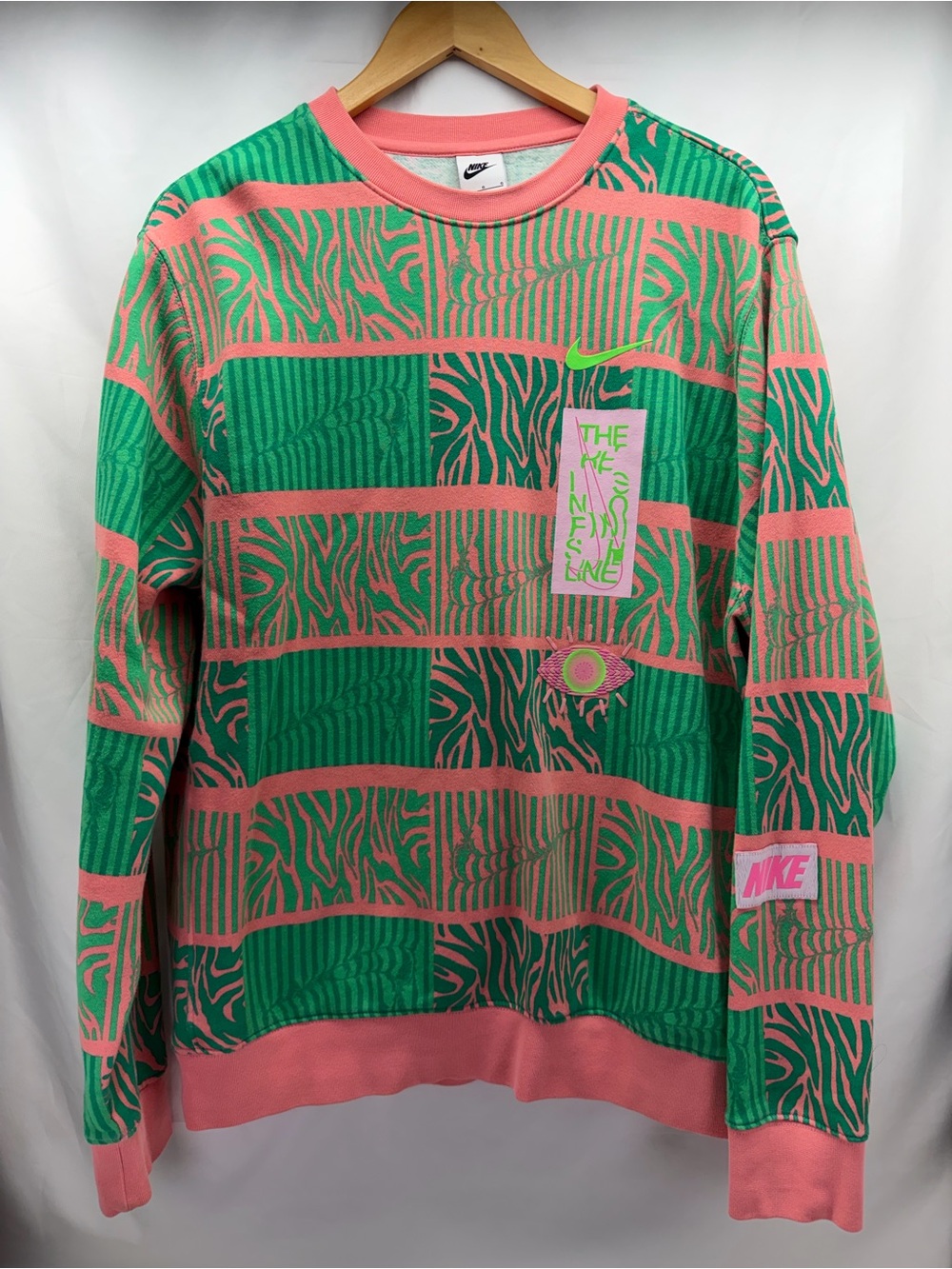 Nike Mens Large Psychedelic All Over Print Crewneck Sweatshirt Pink Green Smiley